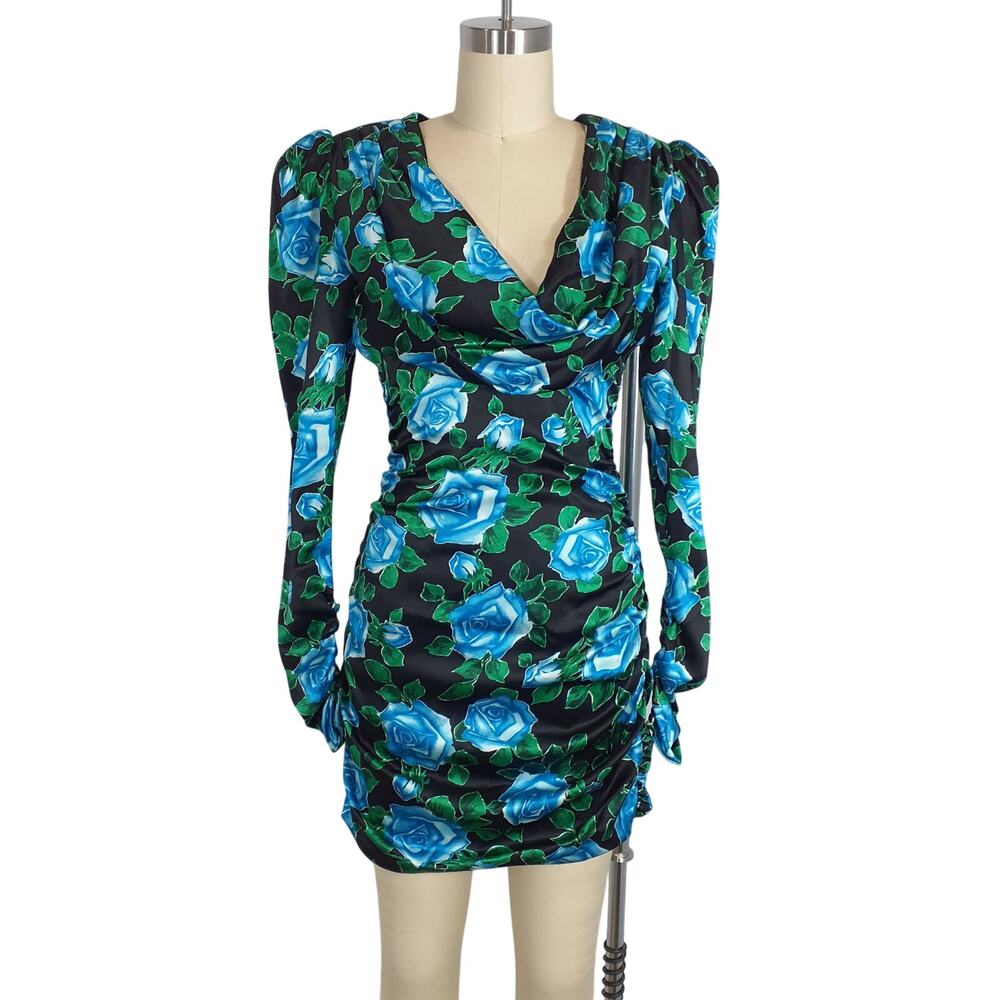 Alessandra Rich Draped Blue Floral Print Mini Dress Size IT 40 / US 10.5 - Picture 2 of 5